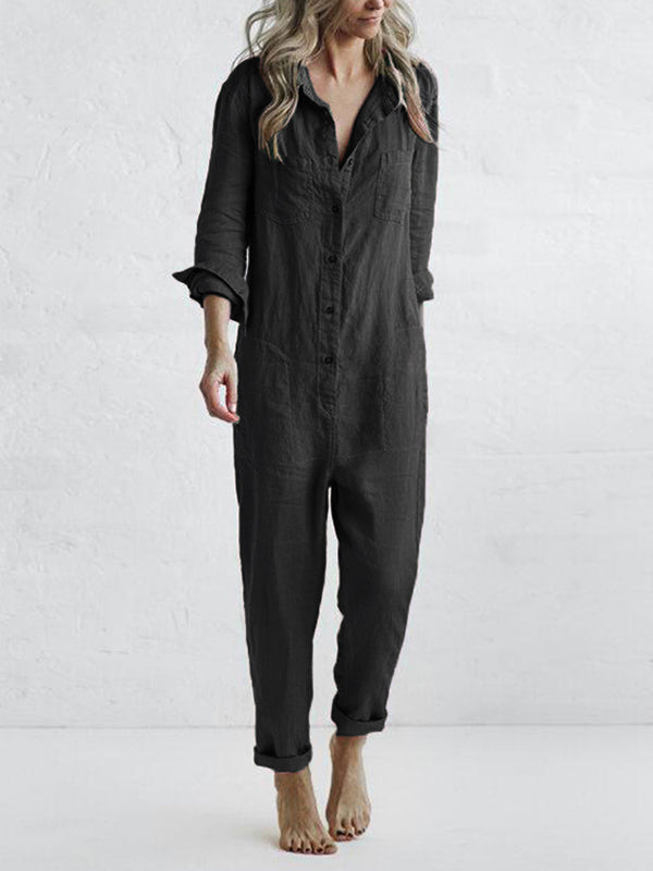 Chiara™ | Button Up Casual Lapel Pocket Langærmet Jumpsuit