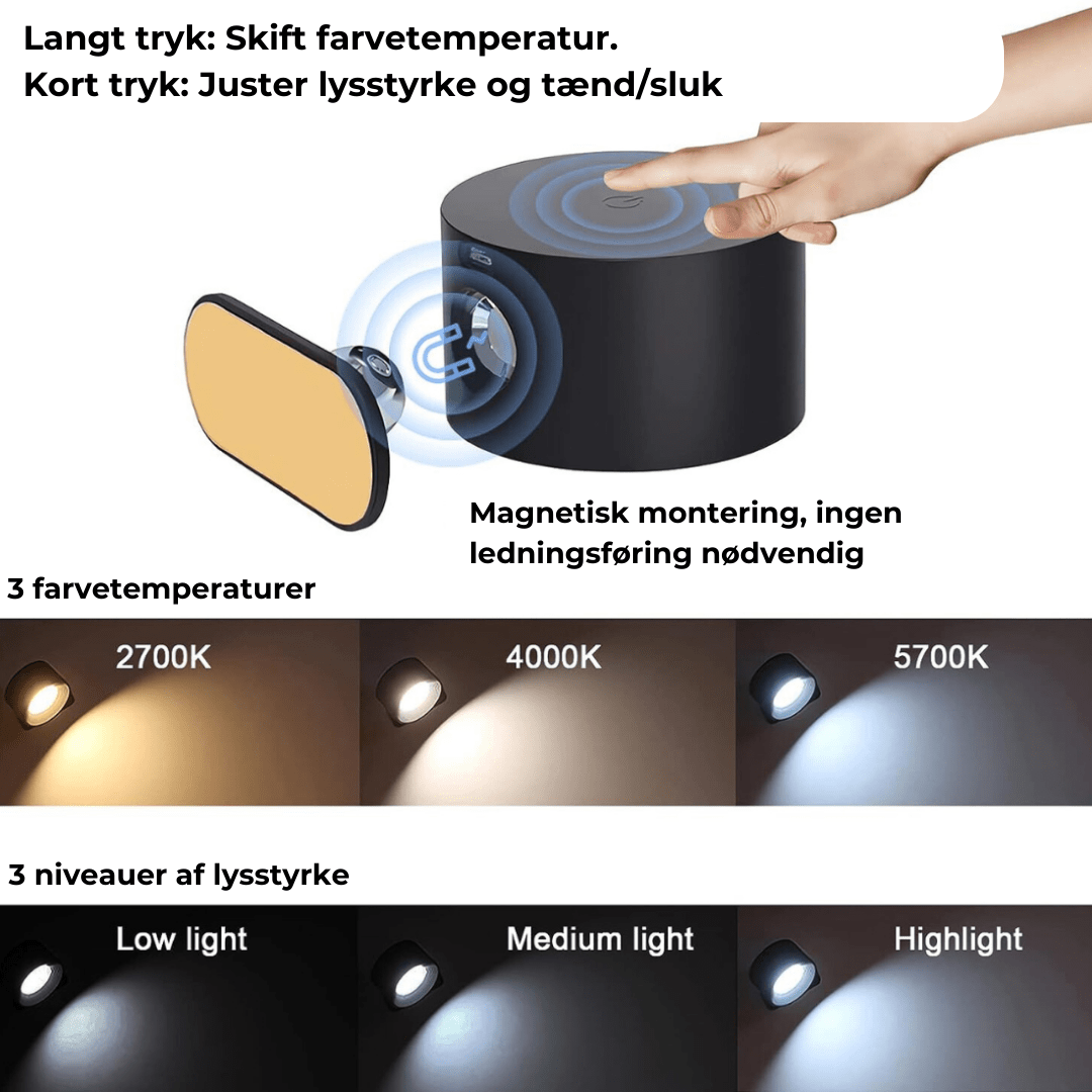 LumaGlow - 360° Trådløs Genopladelig Væglampe