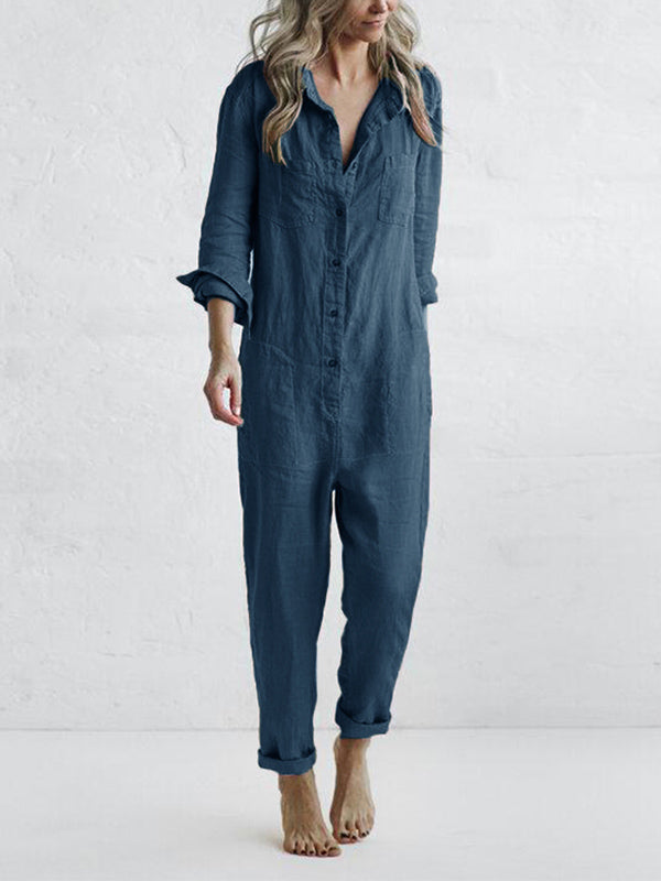 Chiara™ | Button Up Casual Lapel Pocket Langærmet Jumpsuit