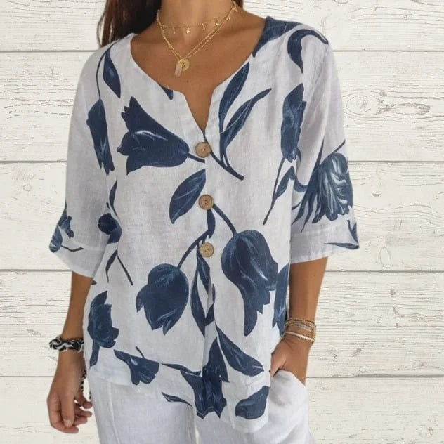 Eileen Fisher™ | Printed linen cotton pullover shirt med V-hals